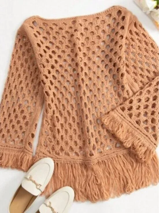 Coral Orange Women's Sexy & Elegant Beach Style Knitted Hollow Fringe Dress - Picture 3 of 5